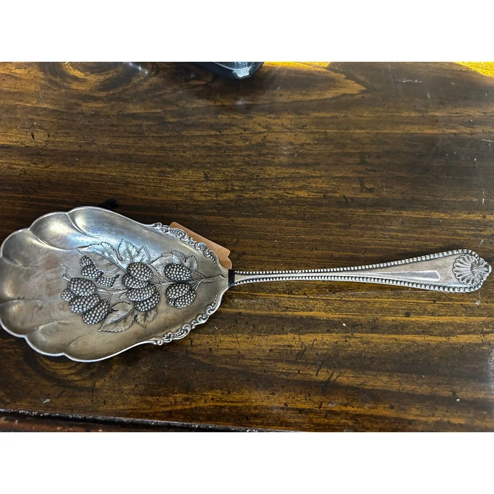 Antique Silverplate Berry Spoon Embossed Blackberry Fruit Motif Shell Finial